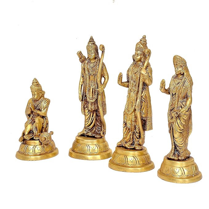 Lord Rama Family Ram Darbar Ram, Sita, Laxman, Hanuman Golden Color Brass Statue (Height 11 Inches)