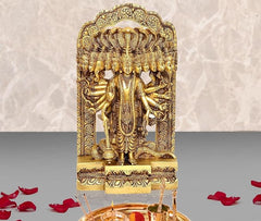 Brass Vishnu Virat Roop statue with 15 faces, arched backdrop, standing on base