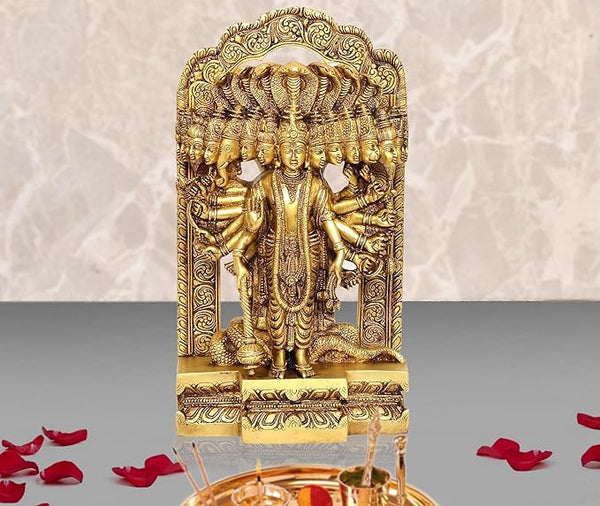 Brass Vishnu Virat Roop Statue for Home Decor Having 15 Faces | Height : 15 Inch Mandir Setting