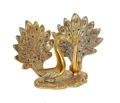 Gold-toned peacock lovers showpiece, angled view, two peacocks on textured base