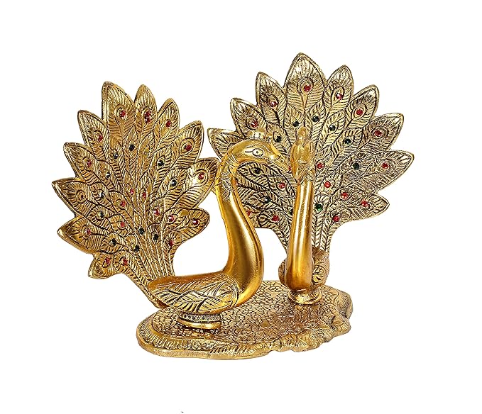 Metal Double Lovers Peacock Statue, Showpiece Figurine Gold Height 6 inch