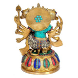 Brass Panchmukhi Hanuman idol back view, embossed heads and jeweled turquoise scarf detail.