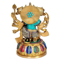 Brass Panchmukhi Hanuman idol back view, embossed heads and jeweled turquoise scarf detail.