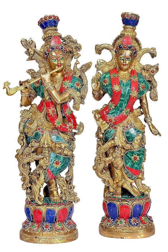 Brass Radha Krishna Statue Idol with Eye Work and Stone Engraved for Home Decor | Pair | Heigh : 14 Inches | Multicolor