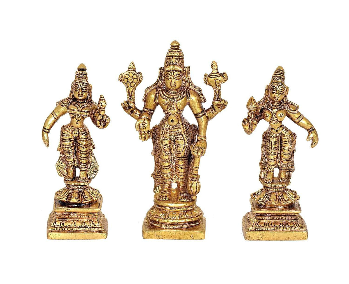 Brass Vishnu, Bhudevi & Sridevi idol set, 6 inch tall, three-standing figures