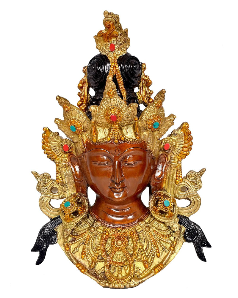 Brass Goddess Tara Wall Hanging Mask Buddhist Deity Handmade Statues for Home Decor Wall Decor (Height 16 Inch)