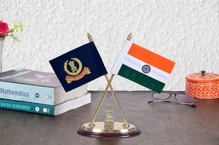 Brass Indian National Flag And Indian Revenue Service Flag With Ashoka Stambh (Height: 12 Inches)