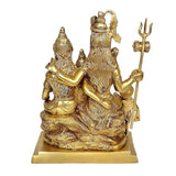 Brass side view Shiva Parvati statue with trident and Ganesh figure