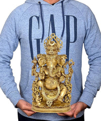 AONA gold Ganesha idol print on light-blue hoodie, held in hands