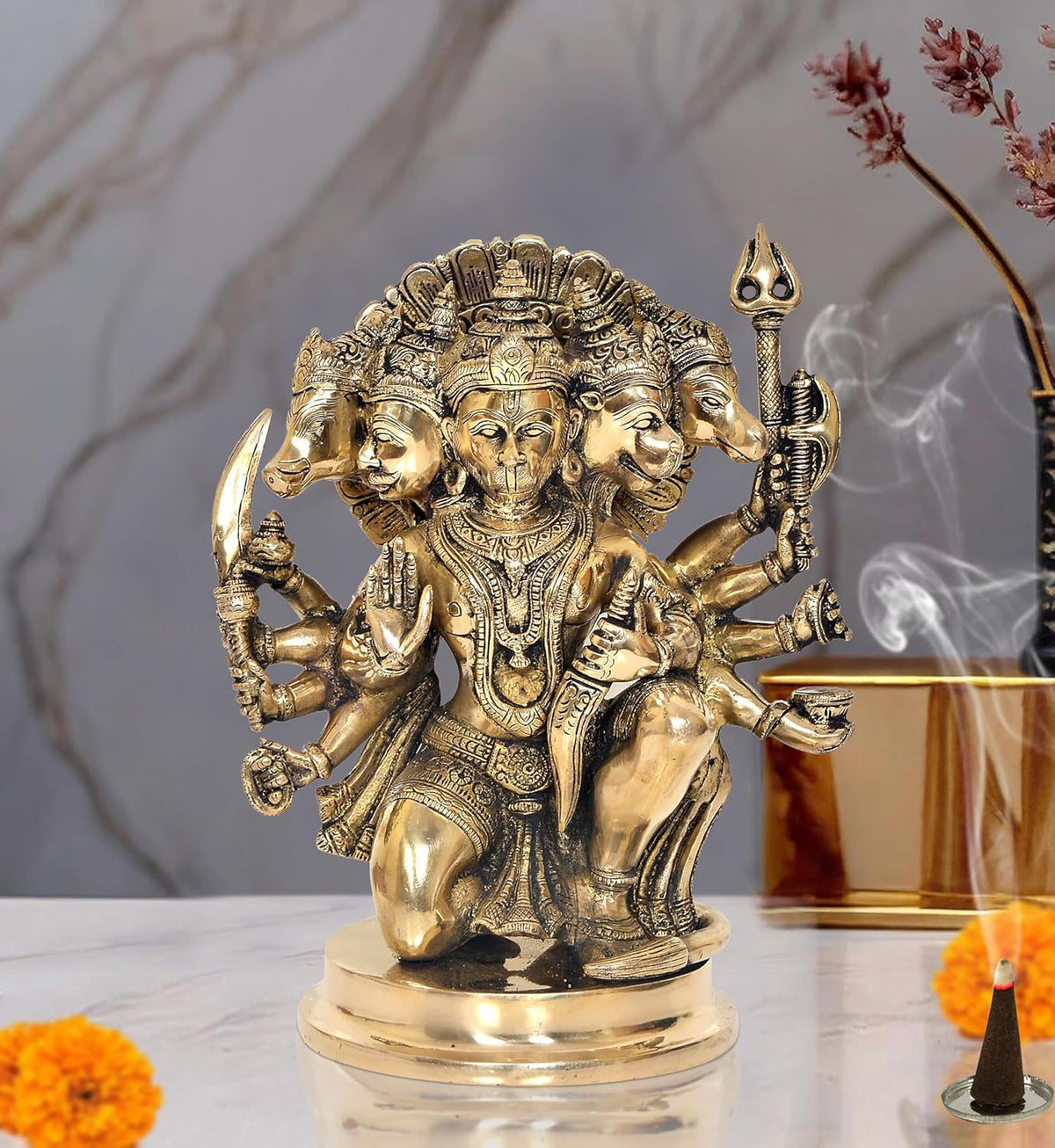 AONA brass panchmukhi Hanuman idol figurine with multiple faces, holding weapons