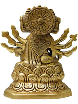 Brass Gayatri Mata statue back view; circular halo motif and draped garment folds