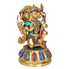 Brass Panchmukhi Hanuman idol from side, turquoise and red accents, raised blessing hand.