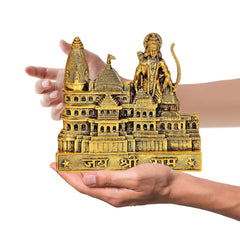 Ram Mandir metal architectural model, 22 cm—Rama with bow on gold-tone base, in hand.