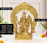 Golden brass Shiva and Parvati figurine with arched frame; 10 in height.