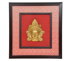 Brass Maa Durga face idol wall hanging with ornate gold Durga head relief on red inner frame
