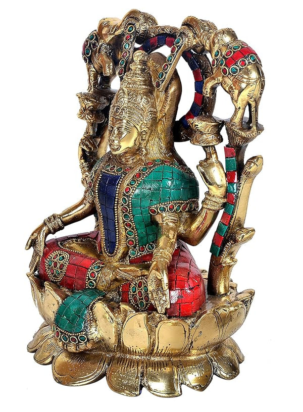 Brass Goddess Lakshmi Sitting On Lotus Idol Statue for Pooja Office Prosperity Wealth Home Warming Showpiece Multicolour Height 11.5 Inches Study Setting