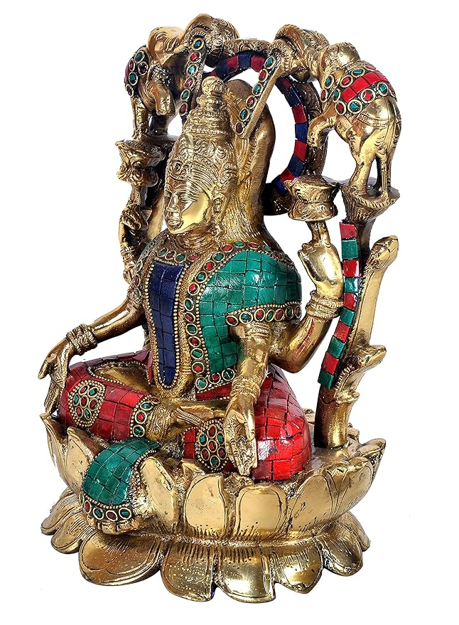 Brass Goddess Lakshmi Sitting On Lotus Idol Statue for Pooja Office Prosperity Wealth Home Warming Showpiece Multicolour Height 11.5 Inches