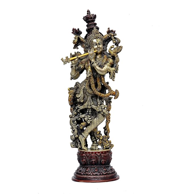 Brass Murli Manohar Krishna idol, 15-inch tall with ornate crown and flute