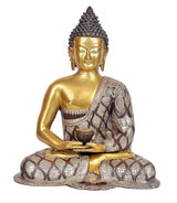 Brass Buddha meditation statue with gold body and patterned robe, seated in lotus pose