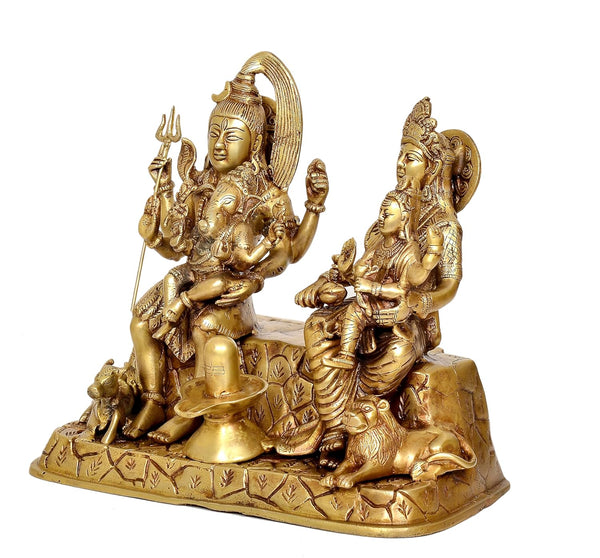 Brass Shiv Parivar Sitting Shiva Family Idol for Home Decor Pooja Mandir (Height 12 Inch) Study Setting