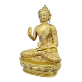 AONA brass Buddha statue, Ashirwad posture, seated figure with patterned robe and raised palm
