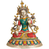 Brass Tibetan White Tara figurine, seated with jeweled crown and green-red robes