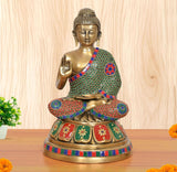 Brass Buddha-Idol in Abhaya-Mudra, 15 Zoll, mehrfarbig verzierte Sitzfigur
