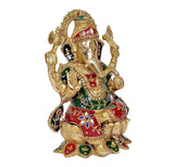 Brass Ganesh statue with colorful inlay panels, decorative jewelry, seated