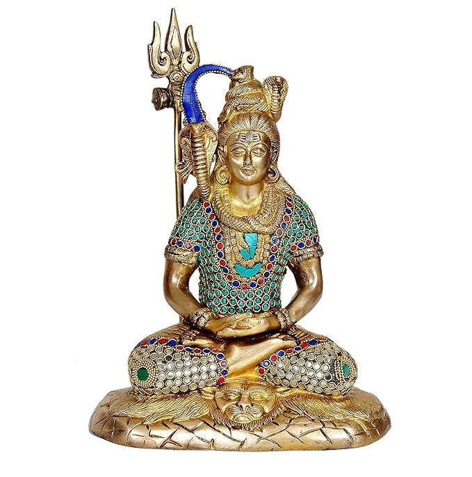 Large brass Shiva statue meditating in lotus, blue arch, multicolor beaded robe