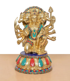 Brass Panchmukhi Hanuman idol, front view, gold-tone with multicolor enamel accents