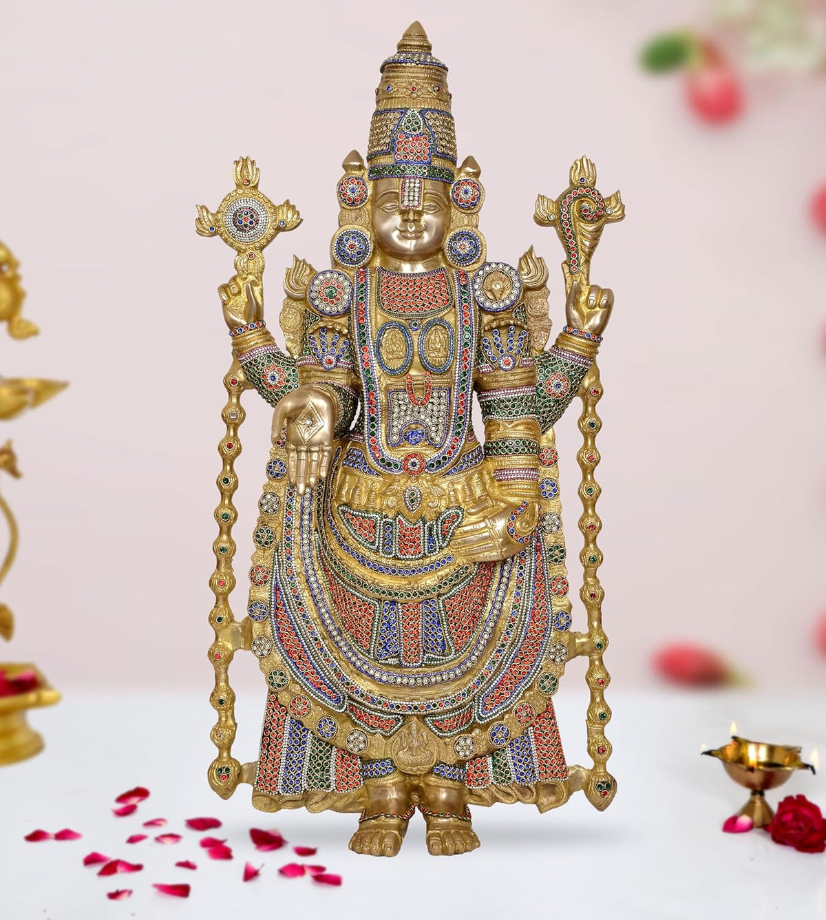 Brass Tirupati Bala Ji idol statue, multicolour four-armed figure, front view
