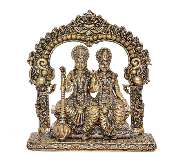 Bronze Statue of Maa Lakshmi Idol and Vishnu Religious Statue on Carved Frame with Kirtimukha for Home Decor Mandir Puja Temple (Height 5 Inch)