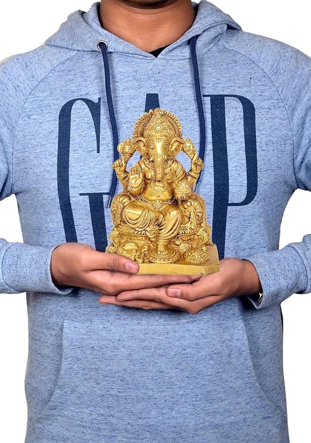 Brass Ganesha Idol Statue On Base Giving Blessings for Home Decor Temple | Height : 6 inches