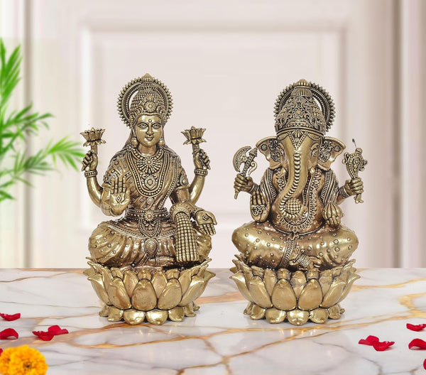 Superfine Brass Lakshmi Ganesh Statue (Height: 7 Inches)