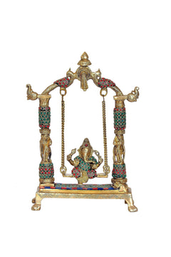 Brass Ganesha jhula, center deity on base with colored enamel pillars and chains