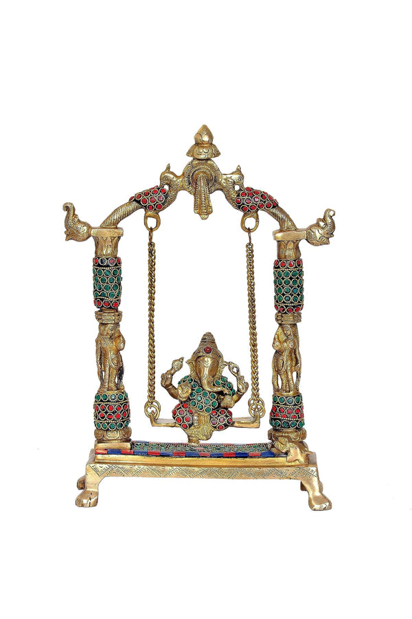 Brass Ganesha Swing Jhula Statue with Stone Work for Home Decor | Height : 12 Inches