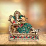 Ganpati Ganesha brass idol statue, seated reading book, teal and red patterned attire