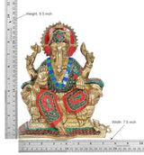 Sitting Ganesha idol, AONA, height 9.5 in, gold body with red crown and teal patterns