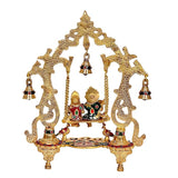 Brass Radha-Krishna swing jhula, gold-toned frame, five diya lamps and swing figures