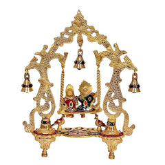 Brass Radha-Krishna swing jhula, gold-toned frame, five diya lamps and swing figures