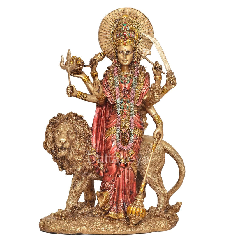 Resin Standing Durga Maa with Lion Idol Hindu Goddess Sherawali MATA Murti MATA Rani Statue Figurine Home Temple (Height: 11 Inch)