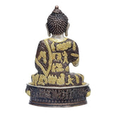 Brass Buddha idol (silver) back view, gold patterned robe, ornate base