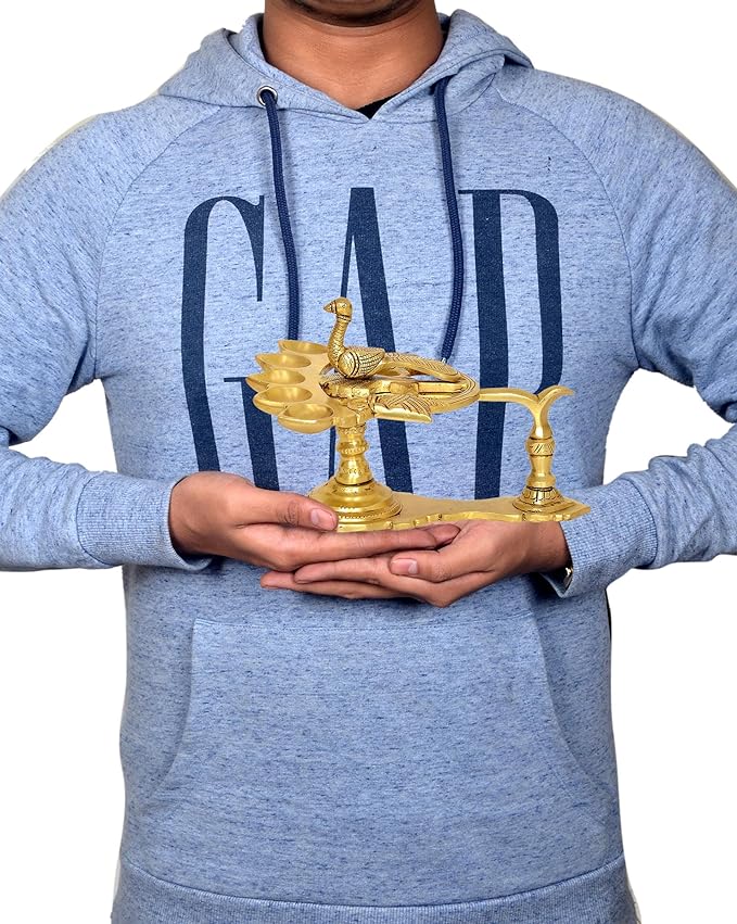 Brass Peacock Aarti Diya Oil Lamp for home temple (Height: 5 inch)