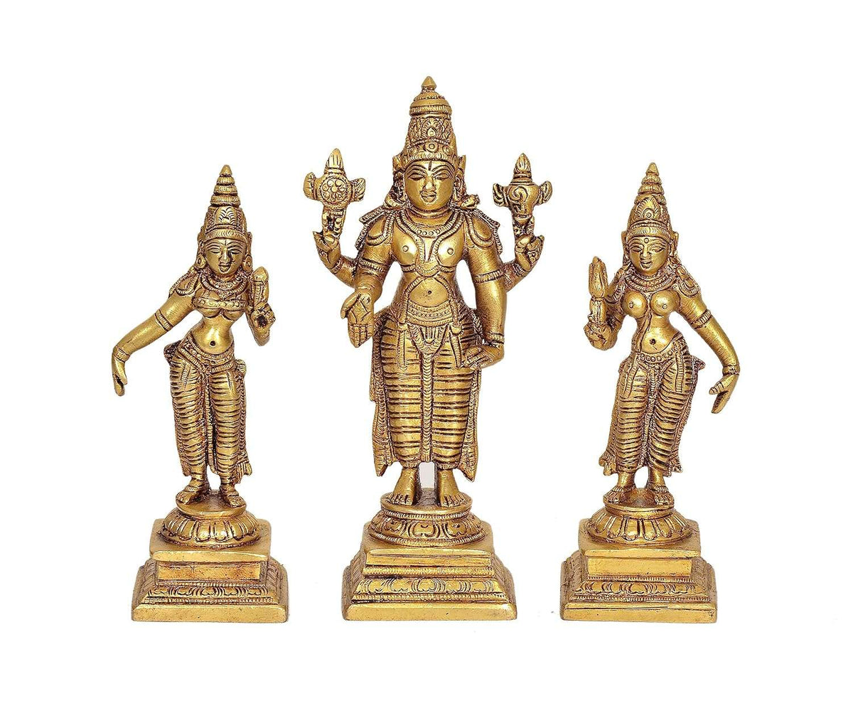 Brass Vishnu Bhudevi Sridevi idol, 4-inch small, three standing figures