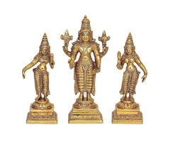 Brass Vishnu Bhudevi Sridevi idol, 4-inch small, three standing figures