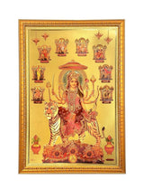 Ornate gold-framed Maa Nav Durga foil poster with Durga seated on tiger