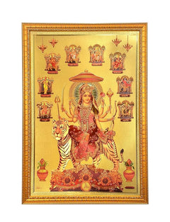 Ornate gold-framed Maa Nav Durga foil poster with Durga seated on tiger