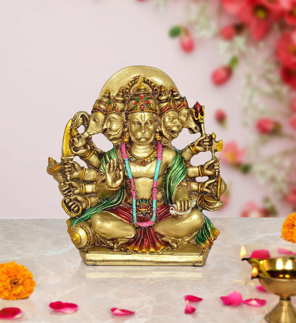 5.5-inch multicolor resin Panchmukhi Hanuman idol, seated with five-faced crown