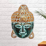 Wooden Buddha mask wall hanging with teal face, gold accents, and ornate carved pattern