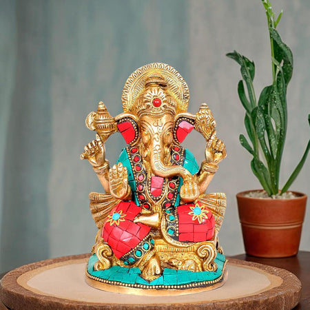 Brass Raja Ganesha Statue with stone work (Height 5.5 inches)